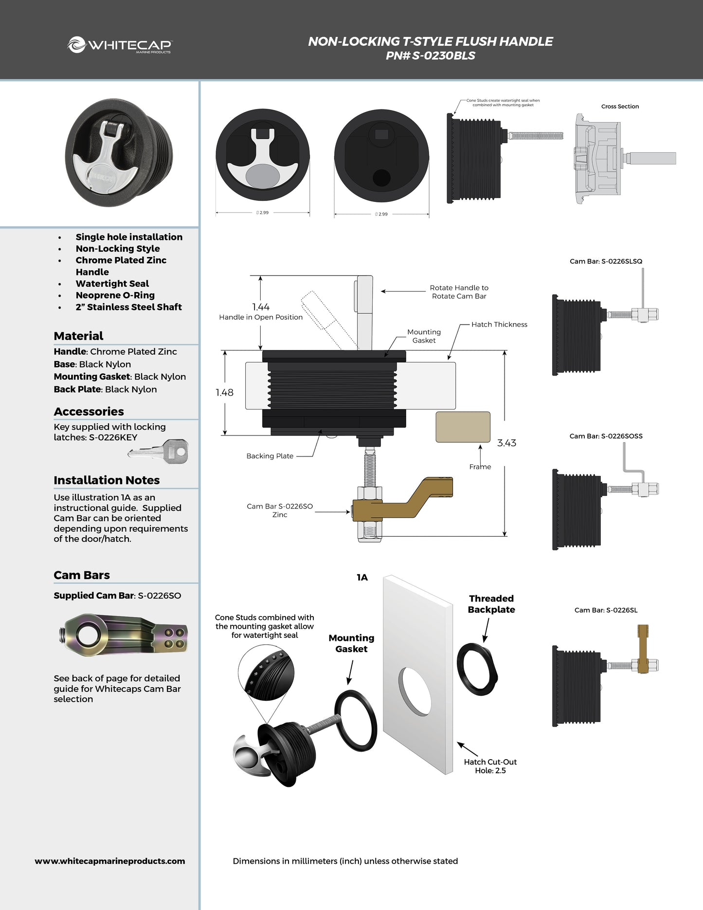 Non-Locking Long Shafted Chrome Plated Zinc Black Nylon T-Style Non-Compression Handle