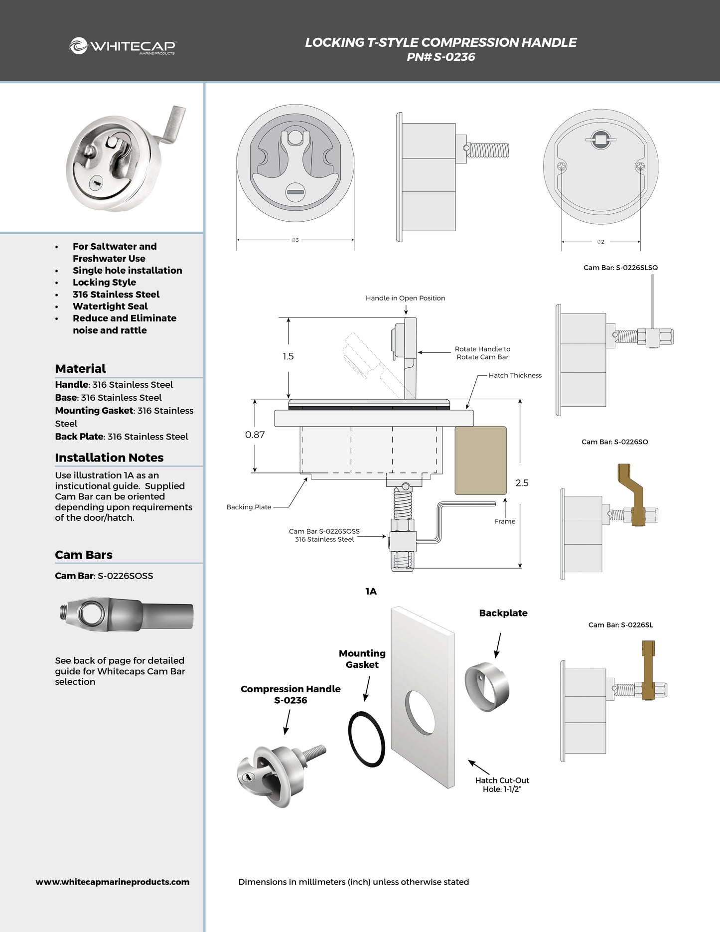 316 Stainless Steel Compression Handle - 3" Locking