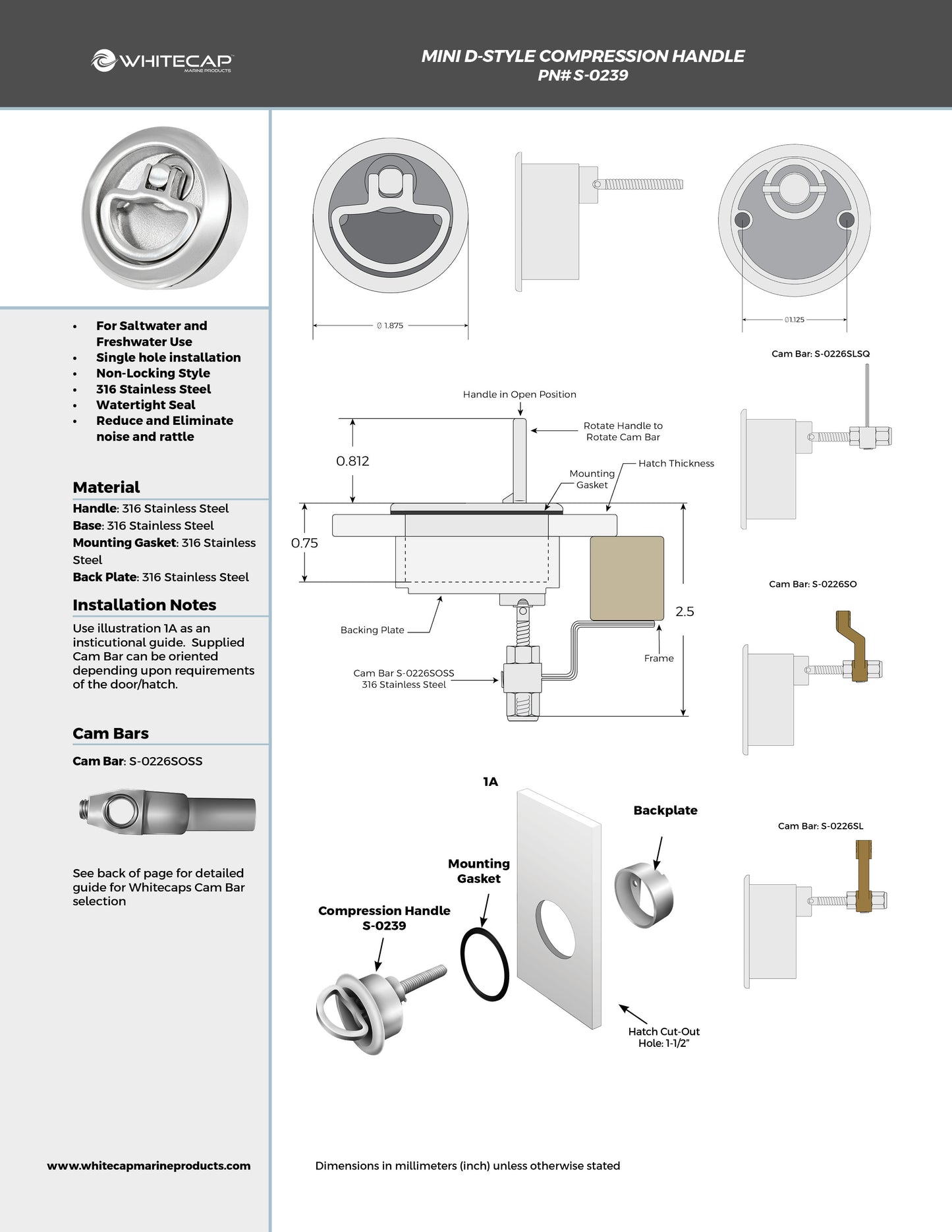 Non Locking D-Style 1-7/8" Mini Compression Handle