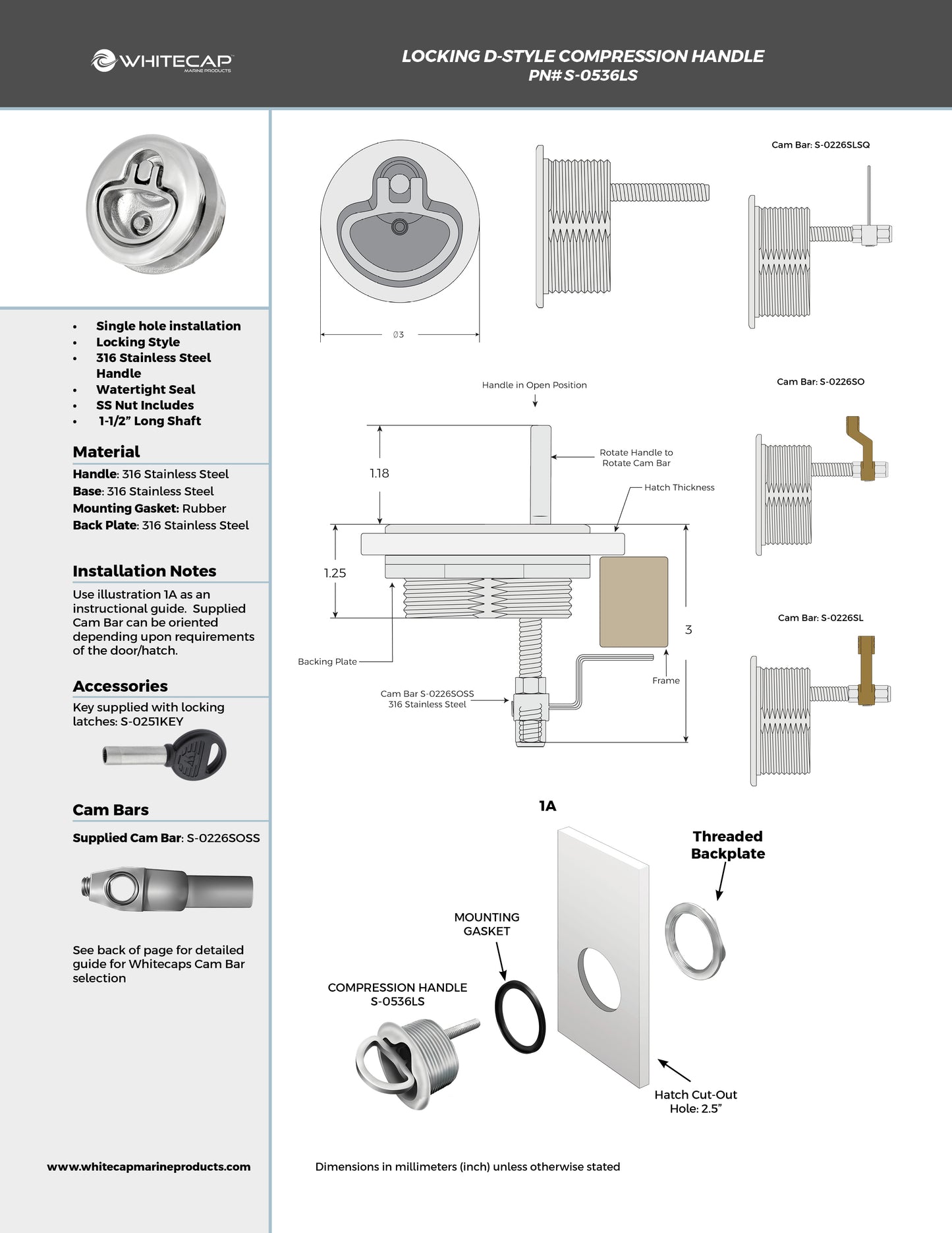 3" 316 Stainless Steel Locking D-Style Compression Handle with 1-1/2" Shaft length