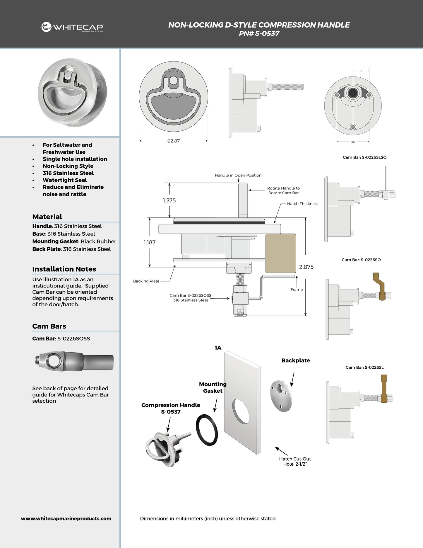 3" 316 Stainless Steel Non-Locking Compression Handle with 1/2" -7/8" Surface Depth