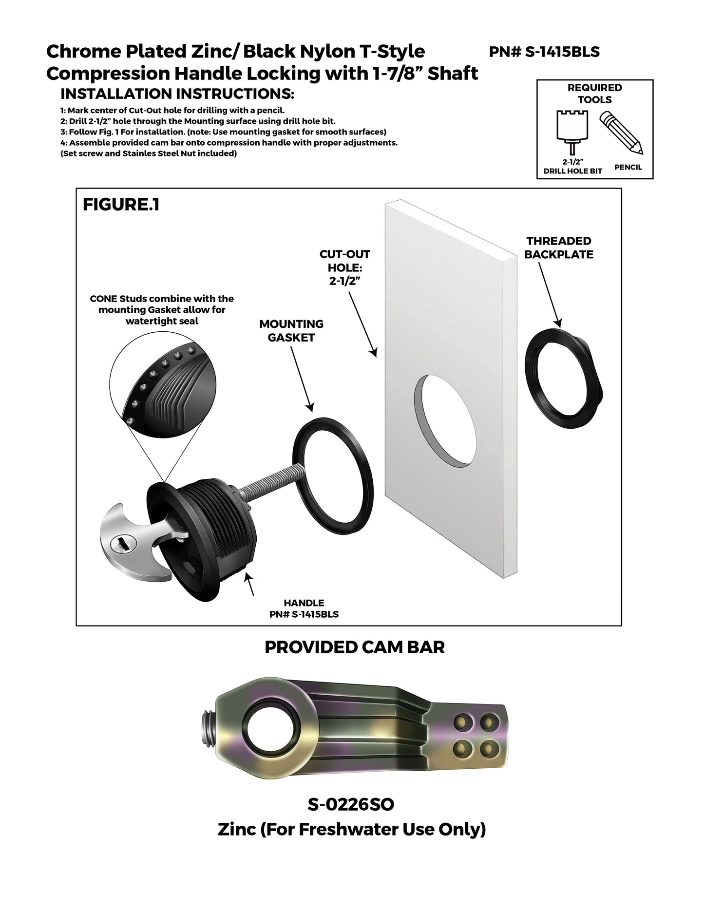 3" Chrome Plated Zinc Black Nylon Locking Compression Handle with 1-7/8" Shaft
