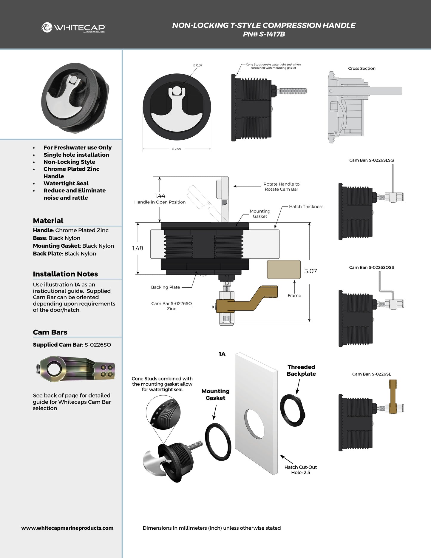 Black Nylon & Chrome Plated Zinc T-Style Compression Handle - Non-Locking