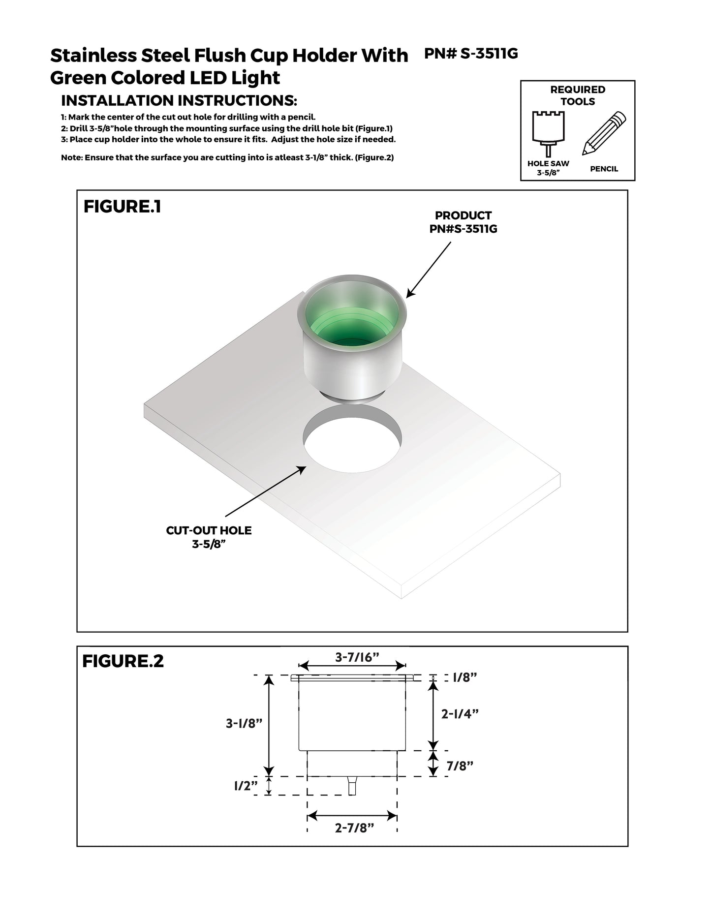 304 Stainless Steel Flush Drink Holder with Green LED Light