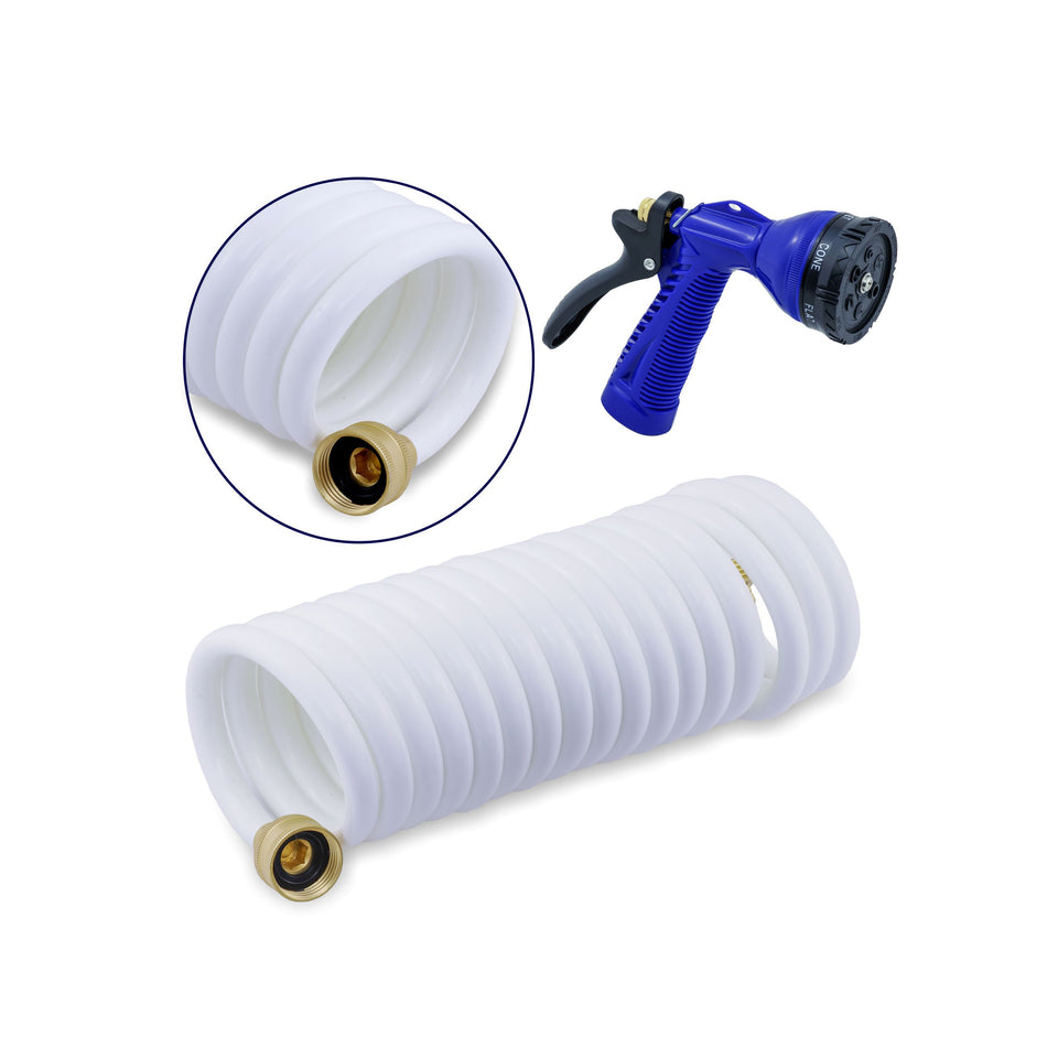 15' White Polyurethane Coiled Hose w/ Adjustable Nozzle